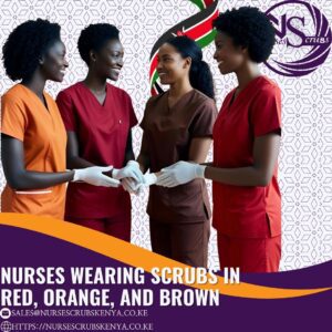 Nurses wearing scrubs in red, orange, and brown